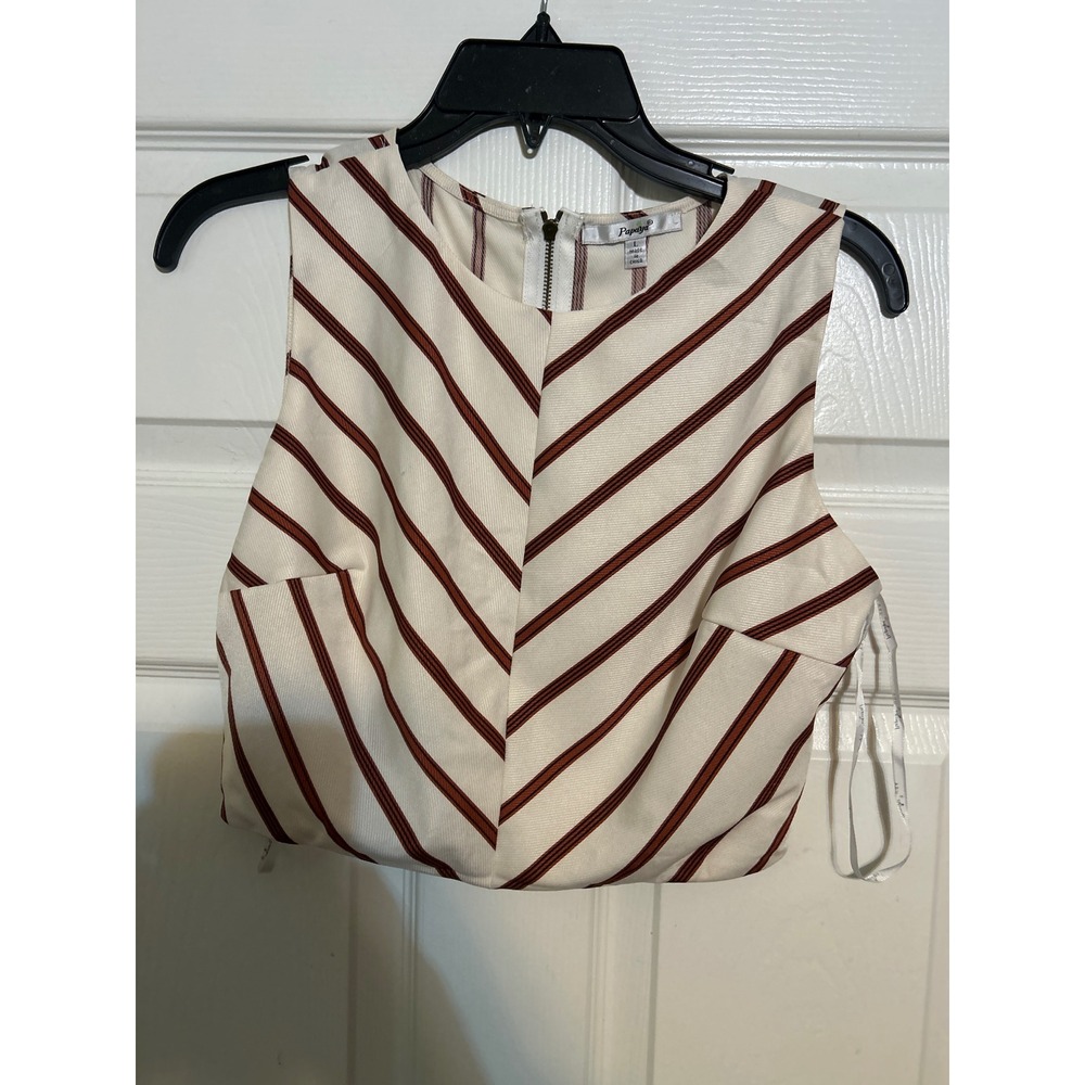 Papaya Womens Chevron Striped Crop Top Cream Rust Brown‎ Sleeveless Back Zip L